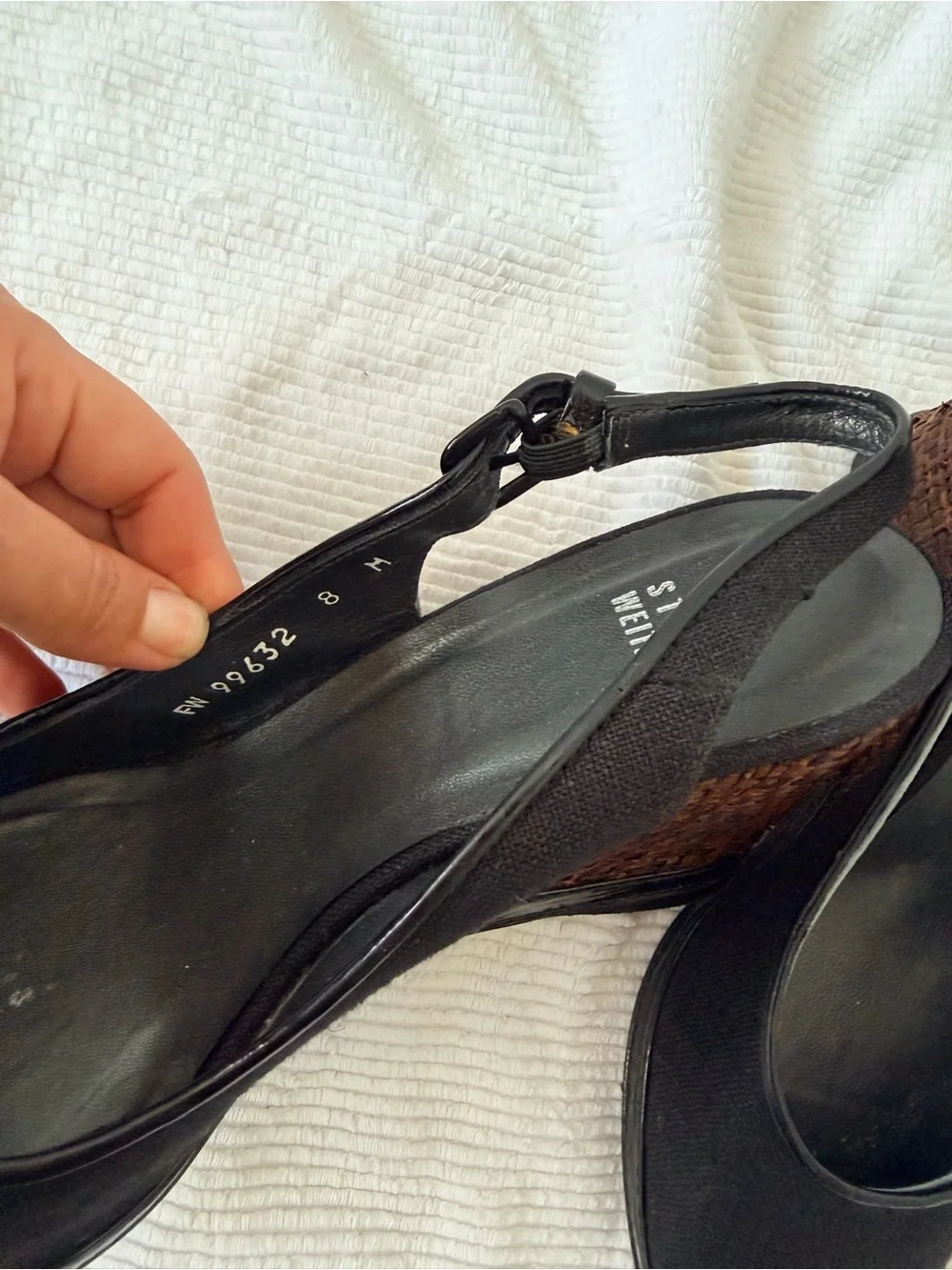 Stuart Weitzman Black linen Peep-Toe Slingback Wedges with Brown Woven Heel